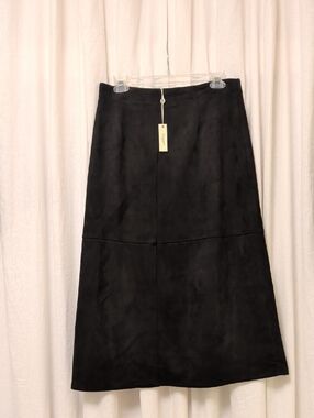 Black Faux Suede A-Line Midi Skirt